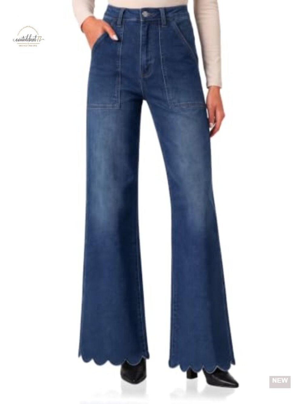 High Waisted Scalloped Wide Leg Flared Stretch Denim Jeans
